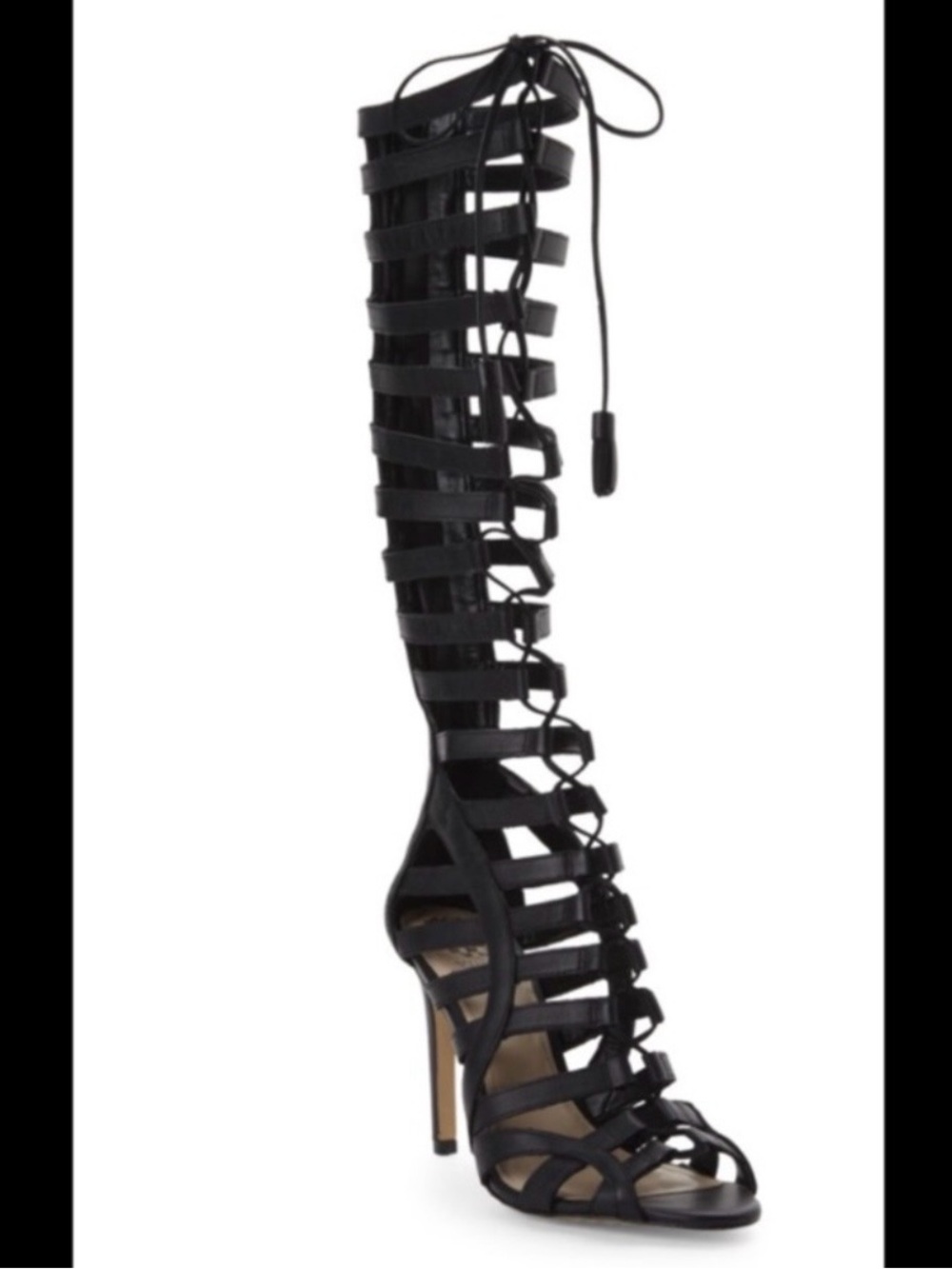 Black Vince Camuto Gladiator Lace-Up Knee High Stiletto Sandals